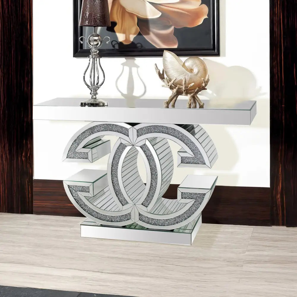 Hall Table MDF & Mirror & Crushed Acrylic Diamonds Silver Colour - Furniture > Dining > Buffets & Sideboards