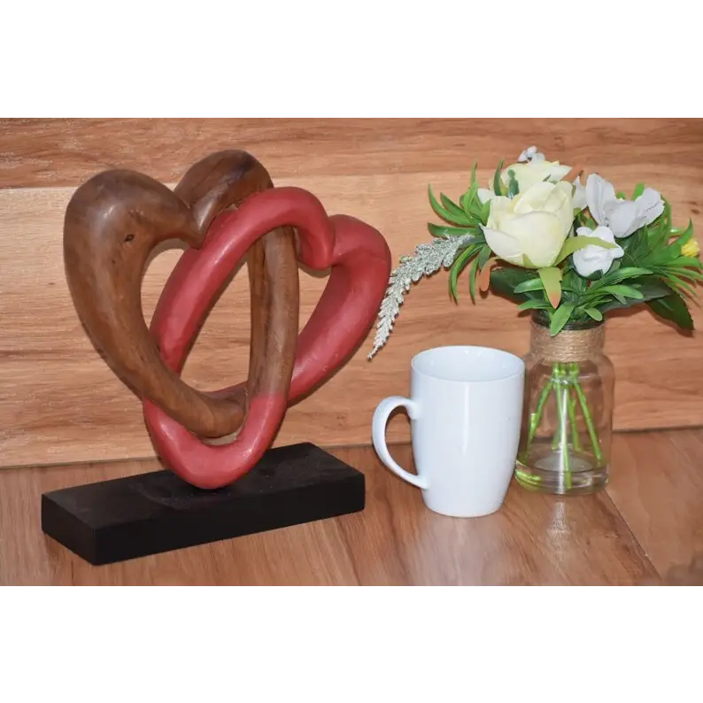 Heart Love Wood Carving Wood Sculpture Acacia Wooden Statue Heart in red 22cm - Home & Garden > Decor