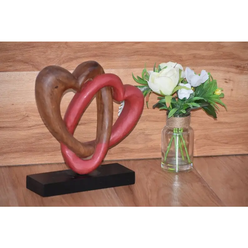 Heart Love Wood Carving Wood Sculpture Acacia Wooden Statue Heart in red 22cm - Home & Garden > Decor