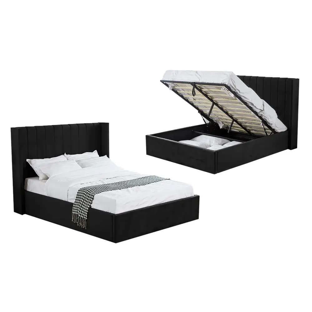 Hilton Black Velvet Gas Lift Bed - Queen - Furniture > Bedroom > Beds & Bed Frames