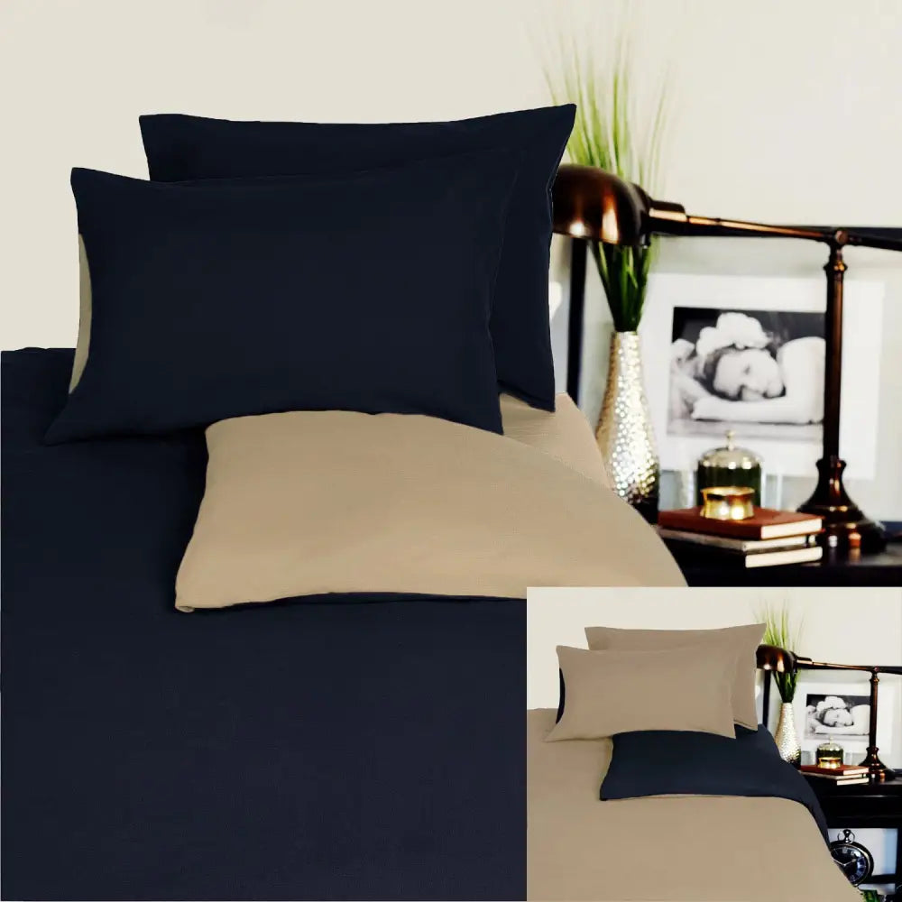 Hotel Living Reversible 100% Cotton JERSEY Quilt Cover Set Black / Latte - QUEEN - Home & Garden > Bedding