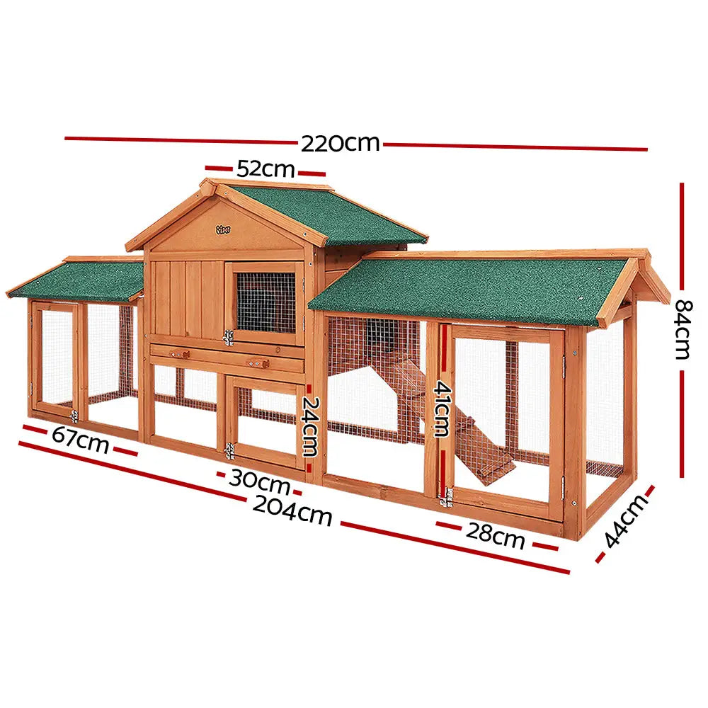 i.Pet Chicken Coop Rabbit Hutch 220cm x 44cm x 84cm Large Run Wooden Outdoor Bunny Cage House - Pet Care > Coops &