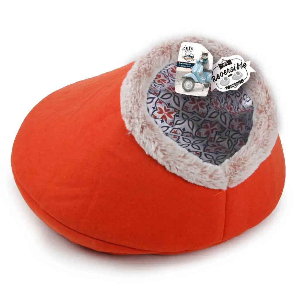Igloo Cat Bed Reversible Cave - Orange Retro Vintage Faux Felt Fabric - AFP - Pet Care > Cat Supplies > Cat Furniture