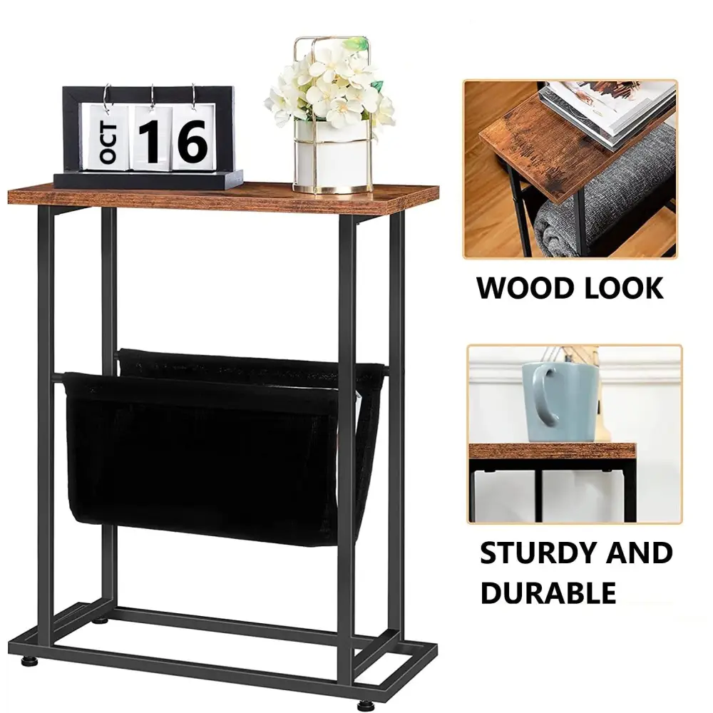Industrial Side Table with Magazine Holder Sling and Metal Structure (Brown) - Furniture > Living Room