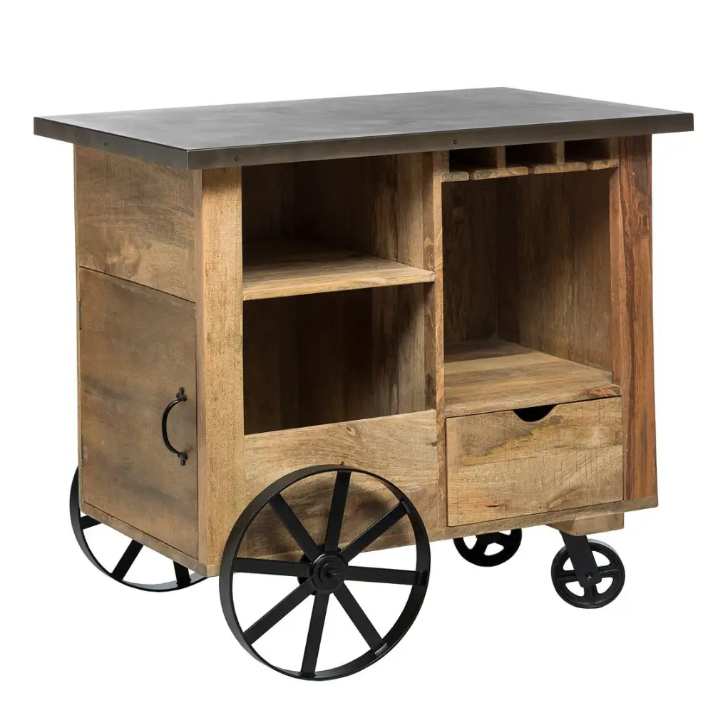 Industrial Style Wooden Bar Cart Drinks Trolley - Furniture > Living Room