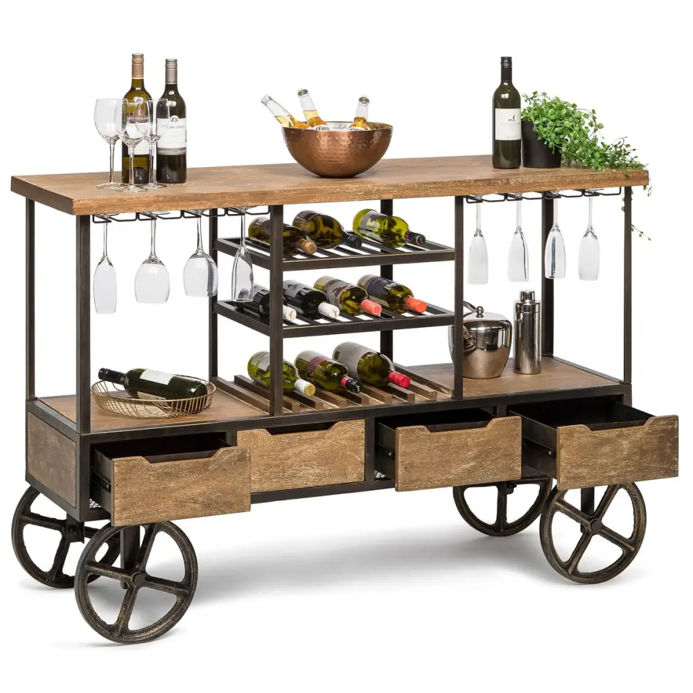 Industrial Style Wooden Bar Cart Drinks Trolley Station with Wine Bottle Rack - Furniture > Living Room