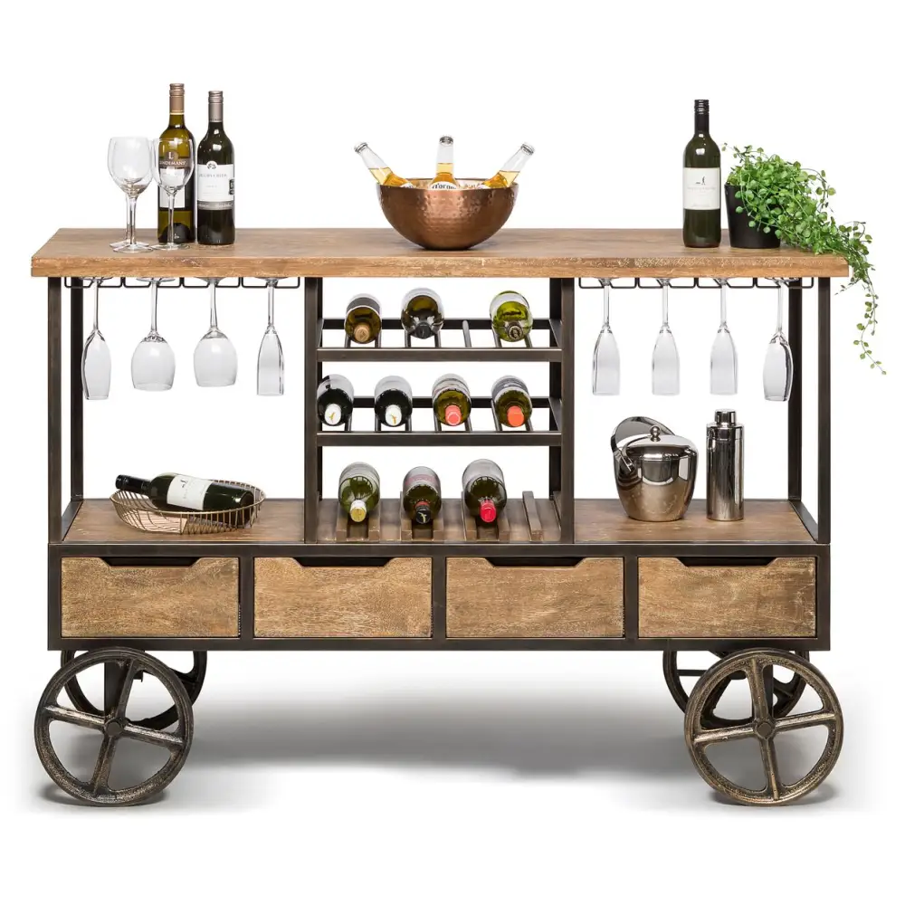 Industrial Style Wooden Bar Cart Drinks Trolley Station with Wine Bottle Rack - Furniture > Living Room