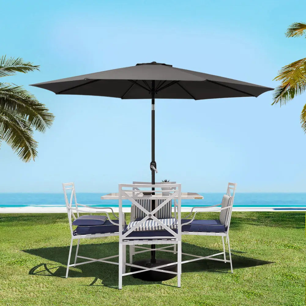 Instahut 2.7m Outdoor Umbrella w/Base Pole Stand Garden Beach Black - Home & Garden > Shading > Umbrellas & Sunshades