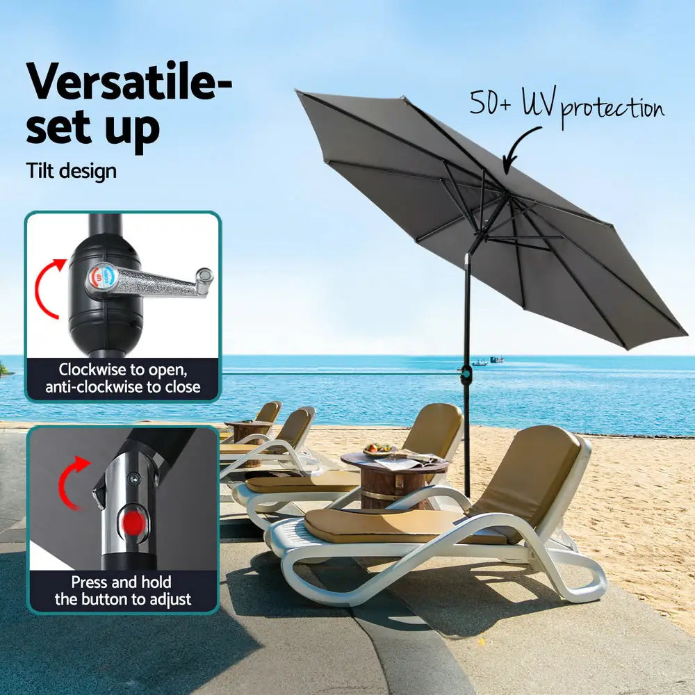 Instahut 2.7m Outdoor Umbrella w/Base Pole Stand Garden Sun Charcoal - Home & Garden > Shading > Umbrellas & Sunshades