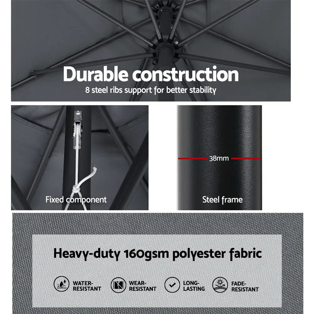 Instahut 3m Outdoor Umbrella Beach Pole Garden Patio Tilt Charcoal - Home & Garden > Shading > Umbrellas & Sunshades