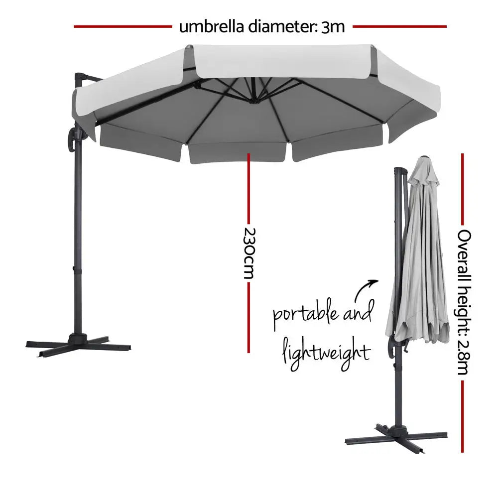 Instahut 3m Outdoor Umbrella Cantilever 360 Degree Tilt Beach Roma Grey - Home & Garden > Shading > Umbrellas &
