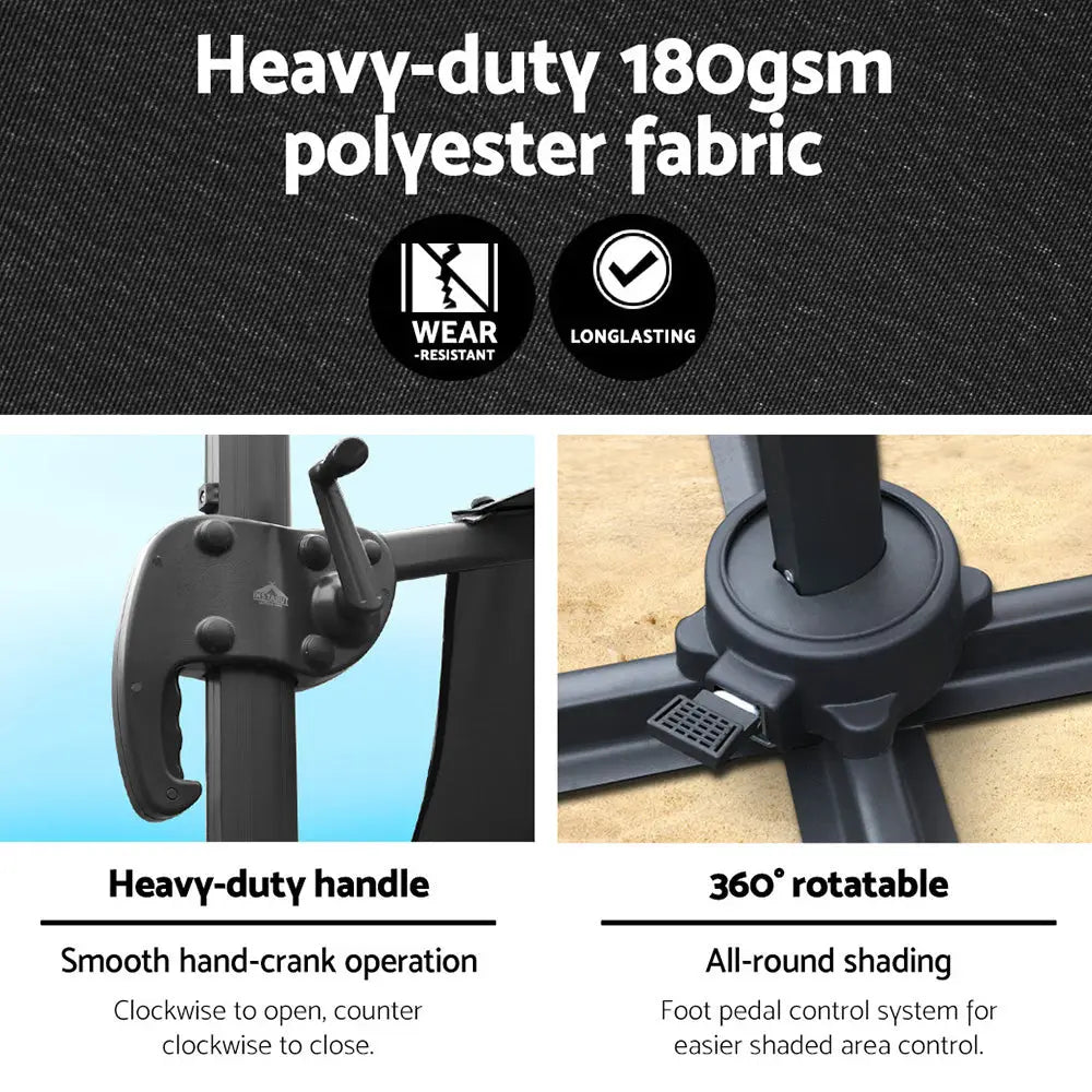 Instahut 3m Outdoor Umbrella Cantilever 360 Degree Tilt Beach Roma Black - Home & Garden > Shading > Umbrellas &