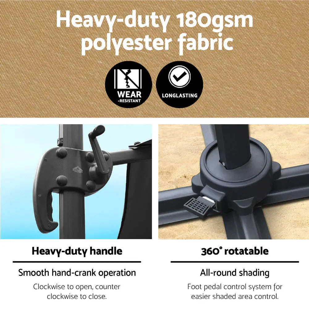 Instahut 3m Outdoor Umbrella Cantilever 360 Degree Tilt Beach Roma Beige - Home & Garden > Shading > Umbrellas &