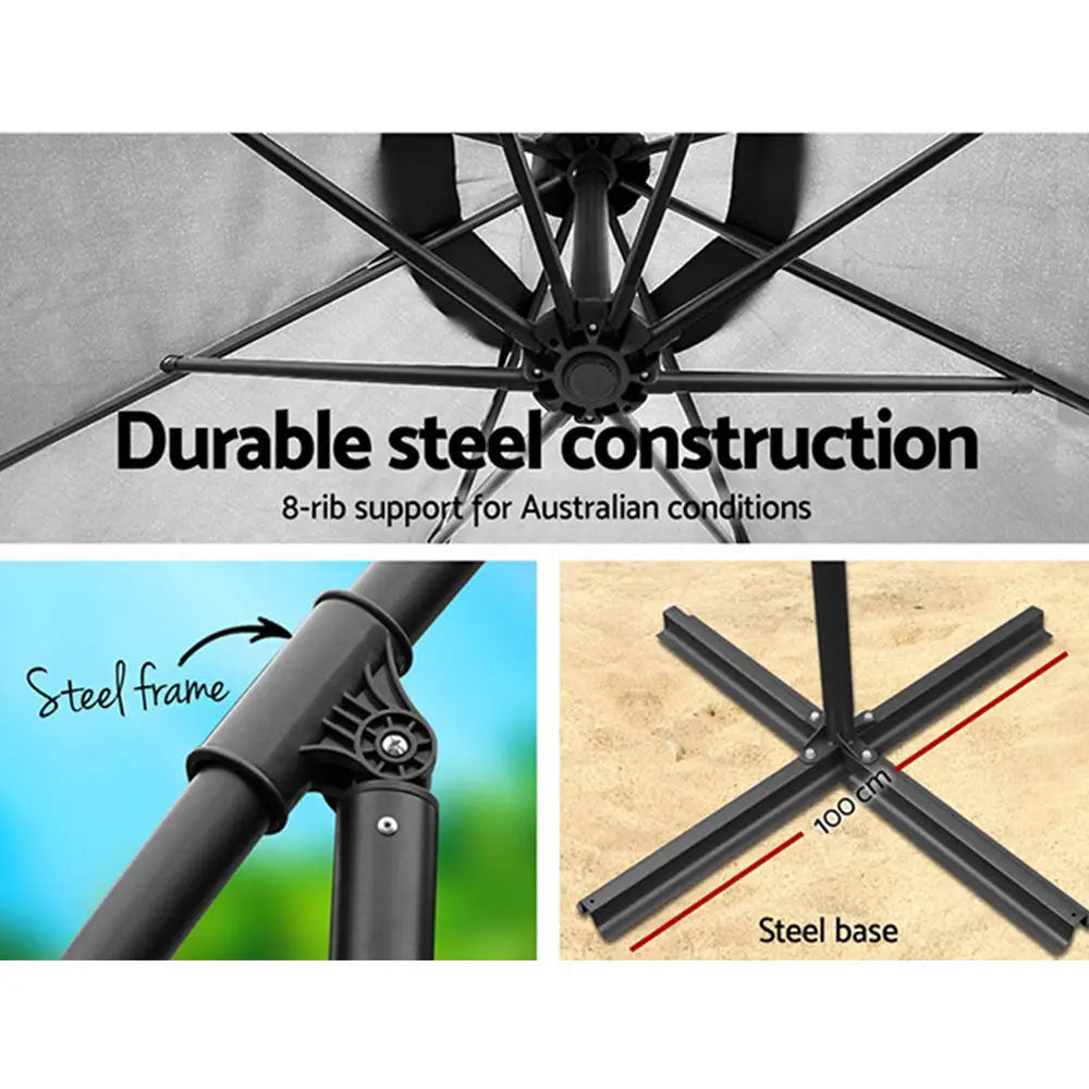 Instahut 3m Outdoor Umbrella Cantilever Beach Garden Patio Grey - Home & Garden > Shading > Umbrellas & Sunshades