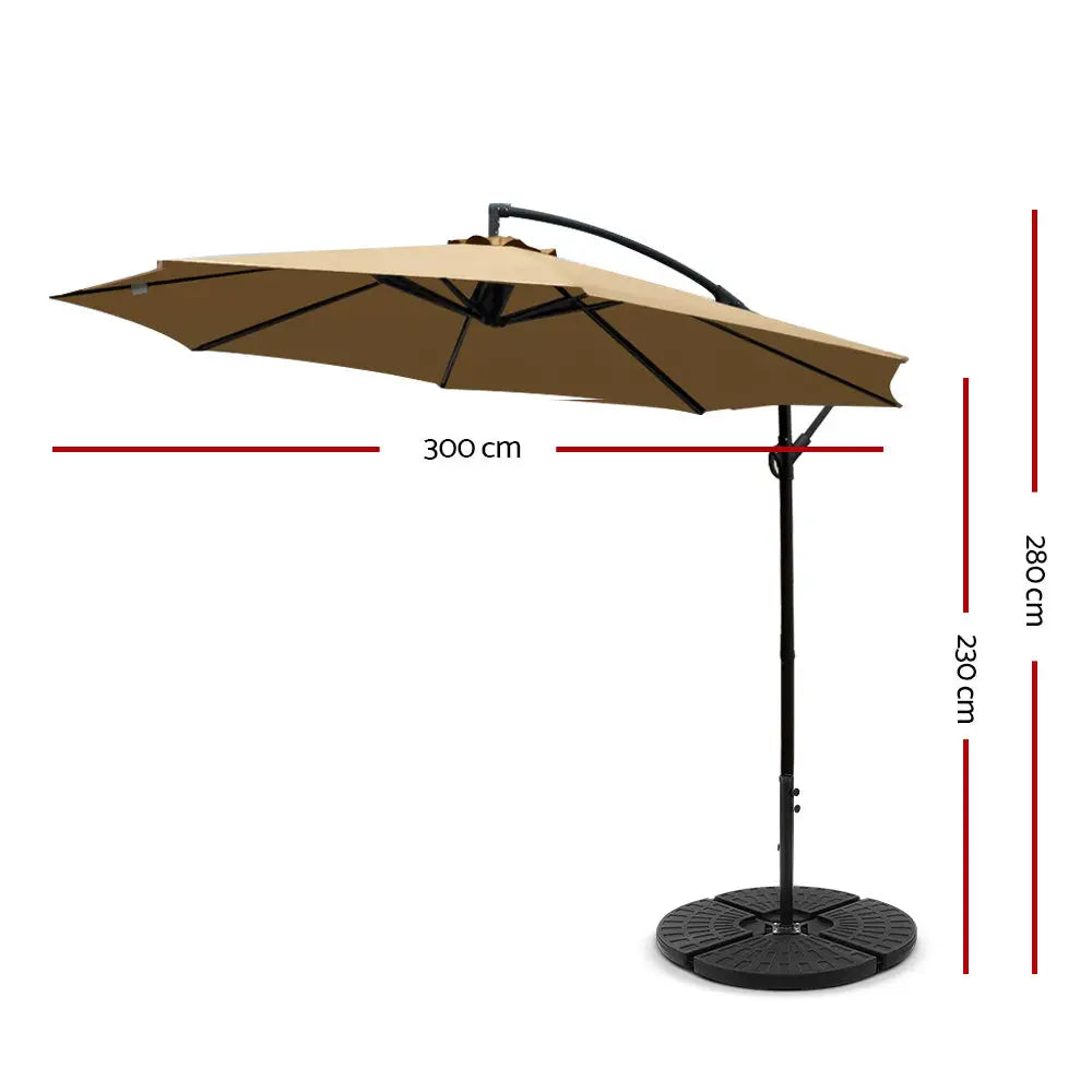Instahut 3m Outdoor Umbrella w/Base Cantilever Beach Garden Patio Beige - Home & Garden > Shading > Umbrellas &
