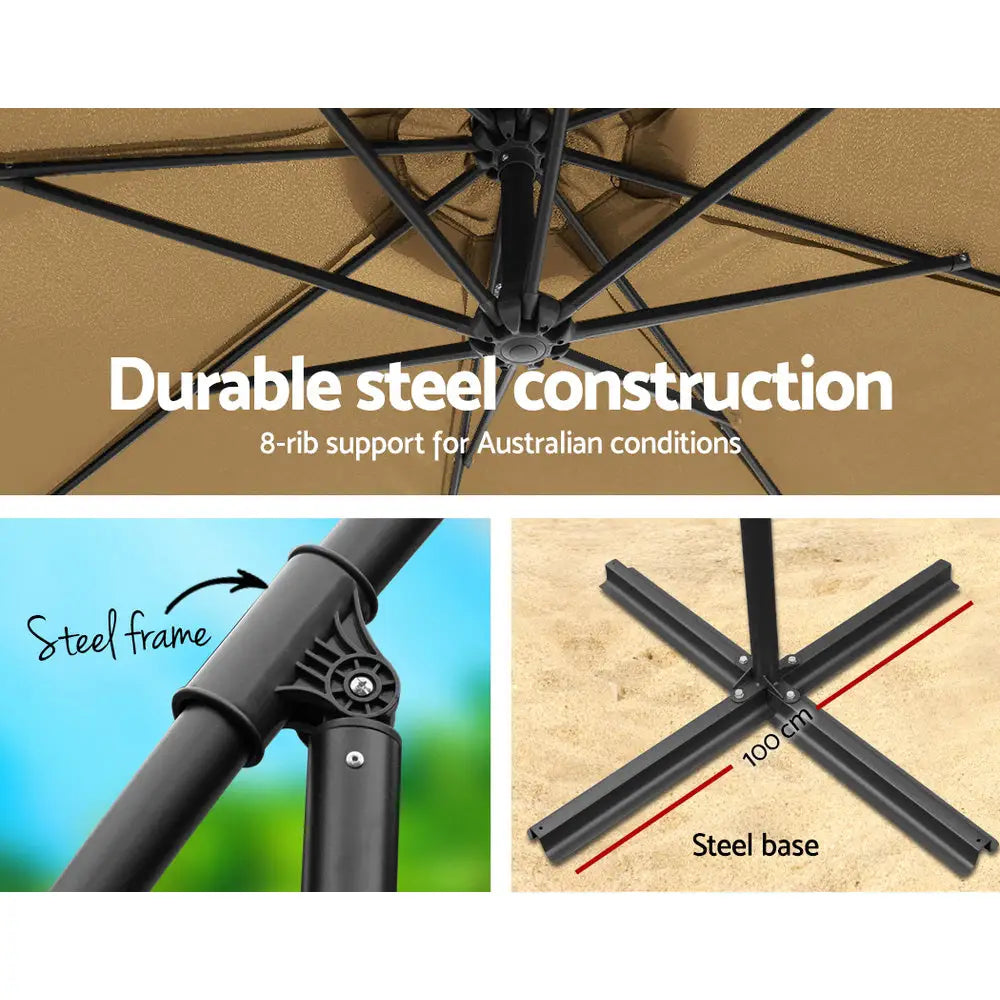 Instahut 3m Outdoor Umbrella w/Base Cantilever Beach Garden Patio Beige - Home & Garden > Shading > Umbrellas &