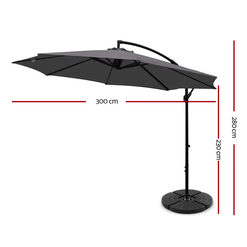 Instahut 3m Outdoor Umbrella w/Base Cantilever Beach Garden Patio Charcoal - Home & Garden > Shading > Umbrellas &