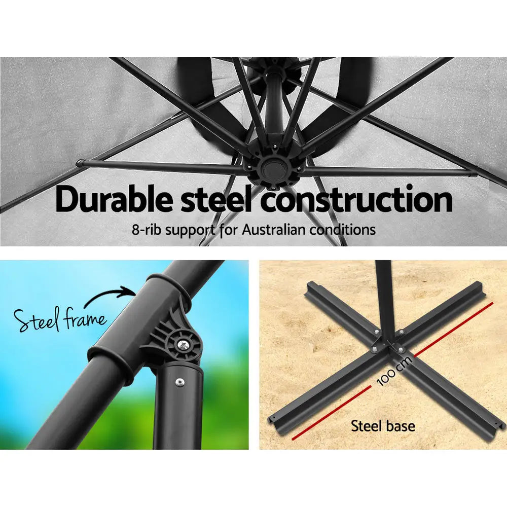 Instahut 3m Outdoor Umbrella w/Base Cantilever Beach Garden Patio Grey - Home & Garden > Shading > Umbrellas & Sunshades