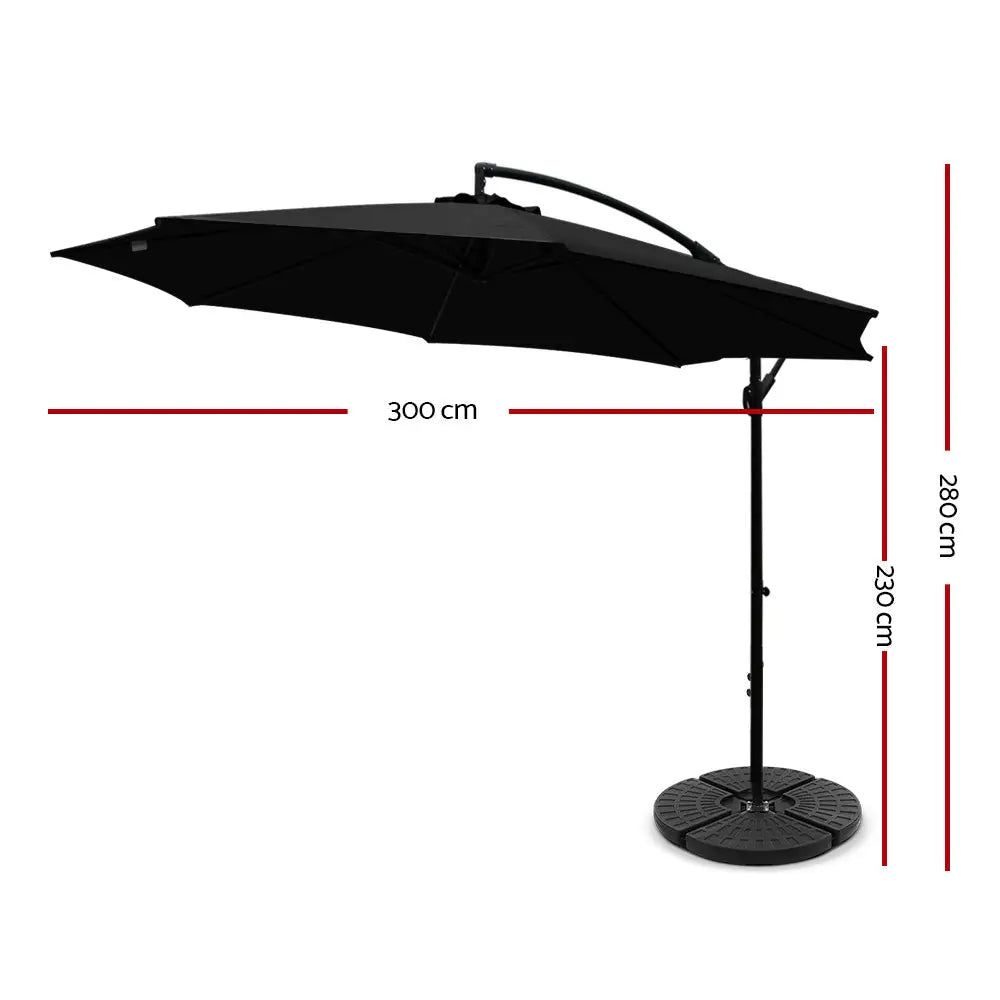 Instahut 3m Outdoor Umbrella w/Base Cantilever Beach Garden Patio Black - Home & Garden > Shading > Umbrellas &