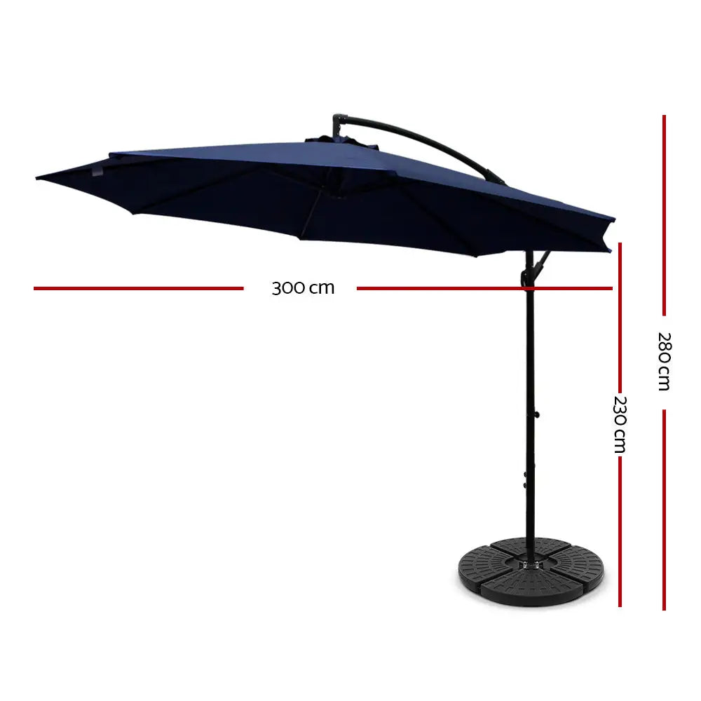 Instahut 3m Outdoor Umbrella w/Base Cantilever Beach Garden Patio Navy - Home & Garden > Shading > Umbrellas & Sunshades