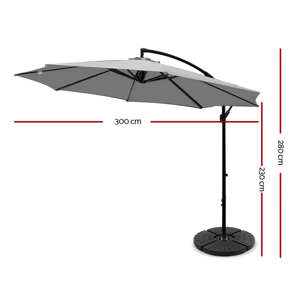 Instahut 3m Outdoor Umbrella w/Base Cantilever Beach Garden Patio Grey - Home & Garden > Shading > Umbrellas & Sunshades
