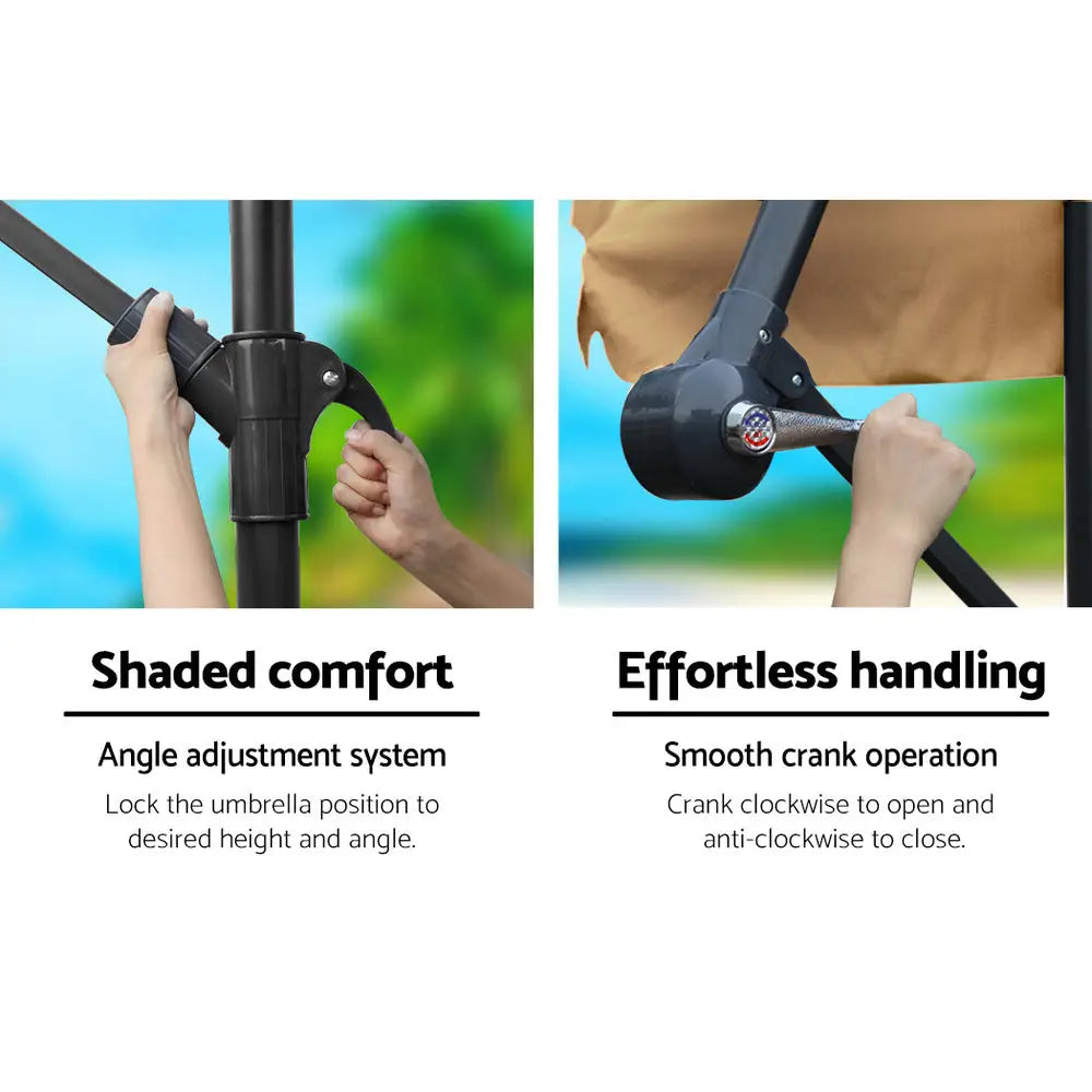 Instahut 3m Outdoor Umbrella w/Base Cantilever Beach Garden Patio Beige - Home & Garden > Shading > Umbrellas &