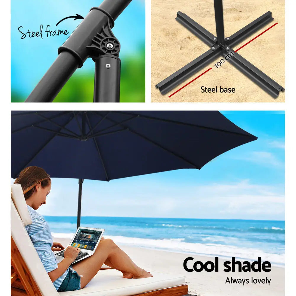 Instahut 3m Outdoor Umbrella w/Base Cantilever Beach Garden Patio Navy - Home & Garden > Shading > Umbrellas & Sunshades