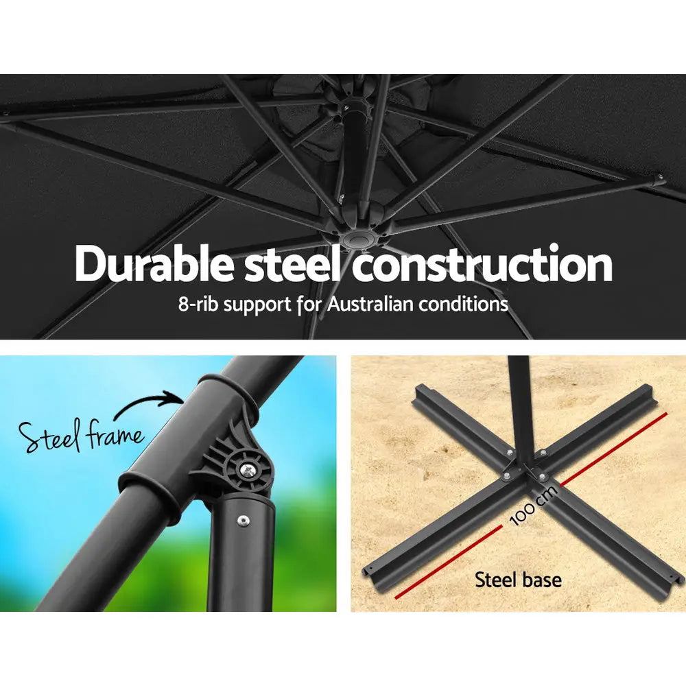 Instahut 3m Outdoor Umbrella w/Base Cantilever Beach Garden Patio Black - Home & Garden > Shading > Umbrellas &