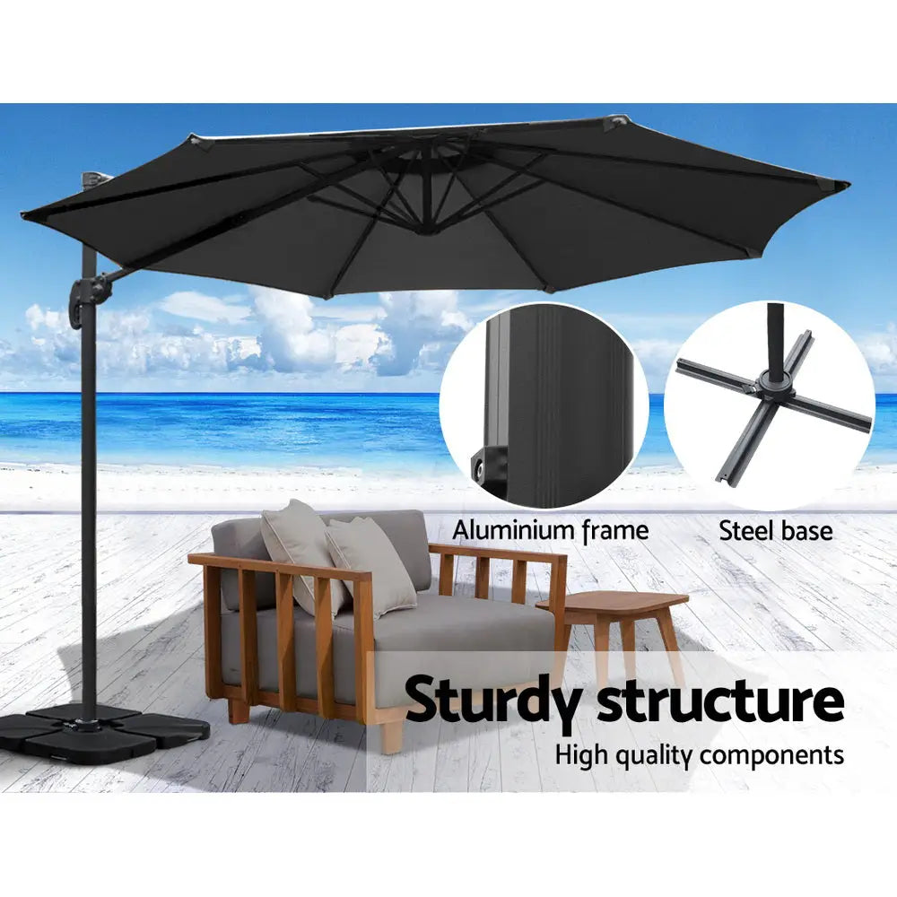 Instahut 3m Outdoor Umbrella w/Base Cantilever Beach Roma 360 Degree Tilt Black - Home & Garden > Shading > Umbrellas &
