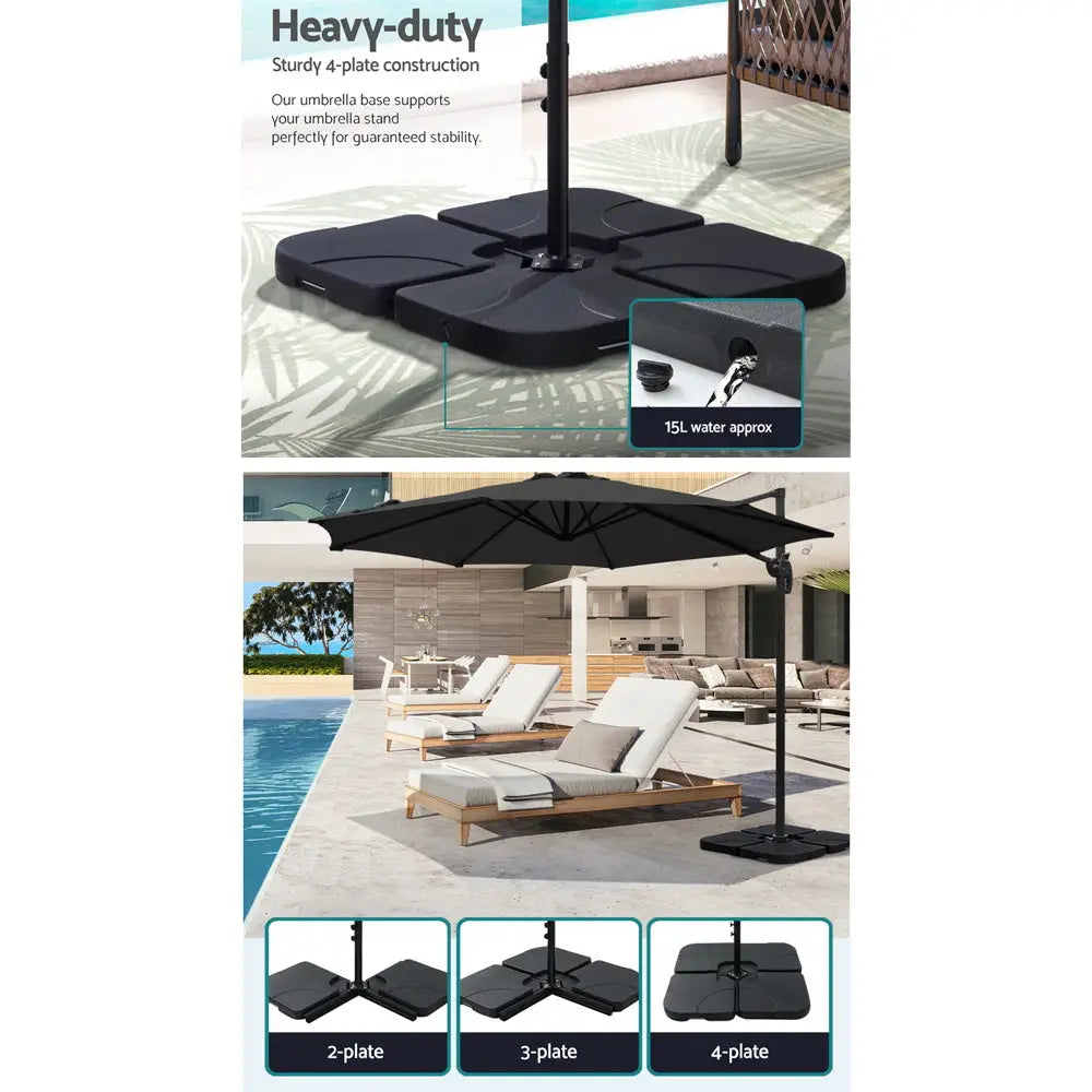 Instahut 3m Outdoor Umbrella w/Base Cantilever Beach Roma 360 Degree Tilt Black - Home & Garden > Shading > Umbrellas &