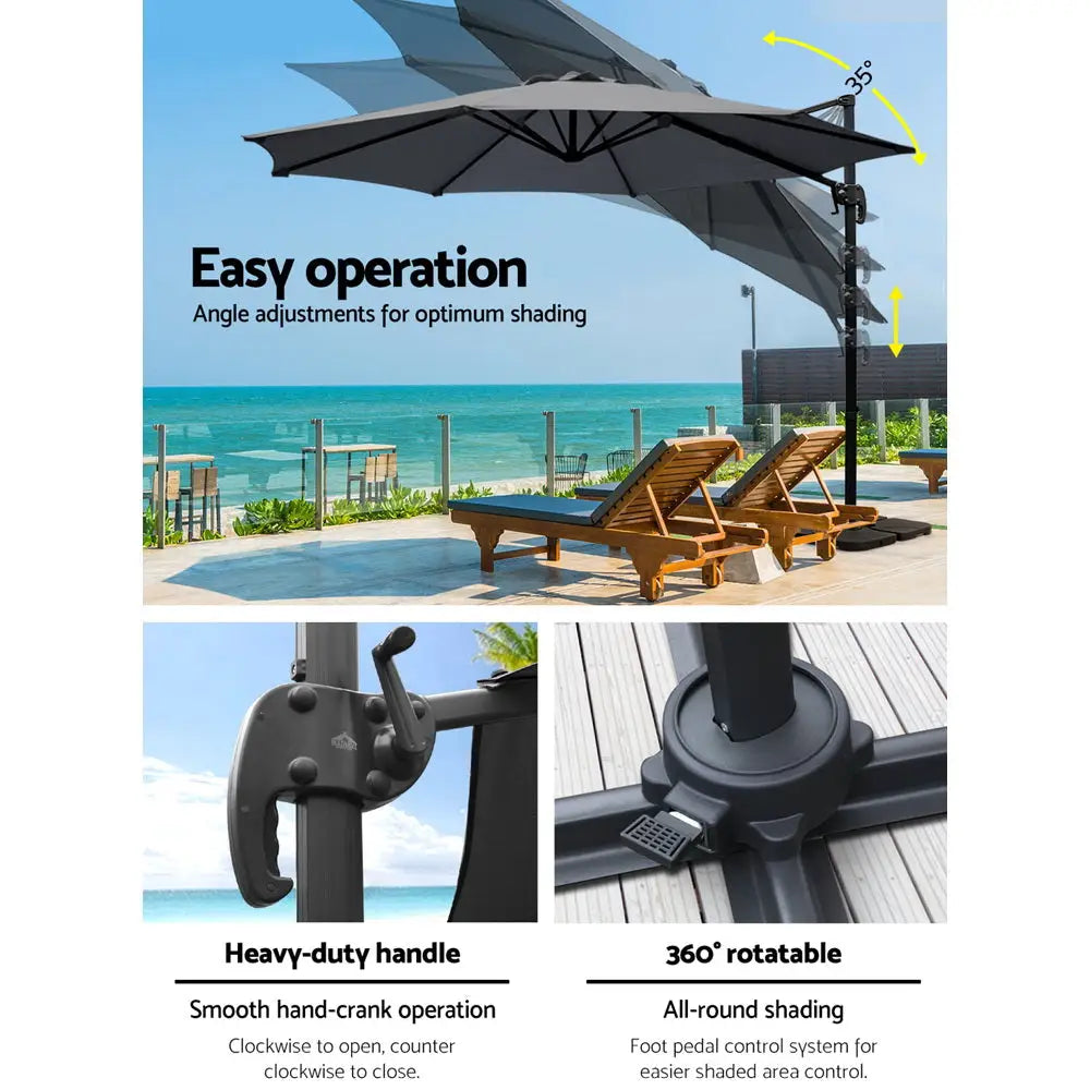 Instahut 3m Outdoor Umbrella w/Base Cantilever Beach Roma 360 Degree Tilt Charcoal - Home & Garden > Shading >