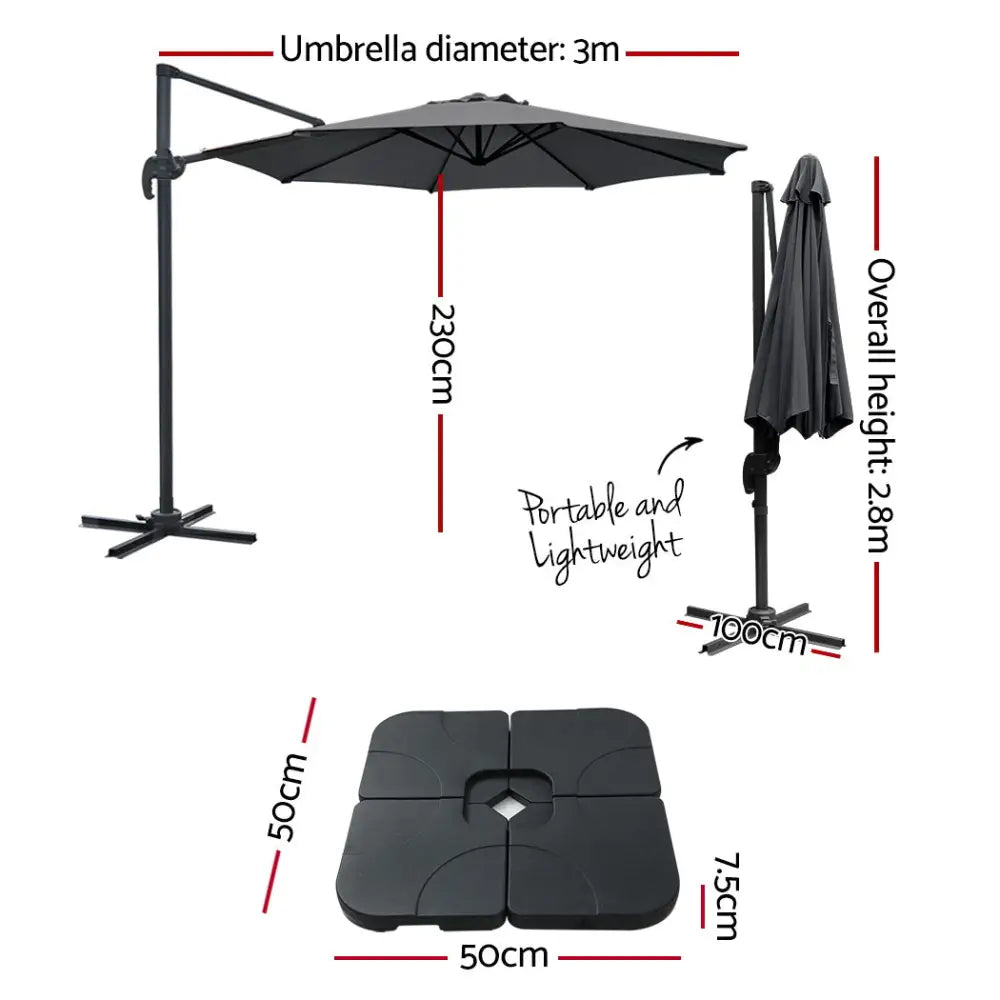 Instahut 3m Outdoor Umbrella w/Base Cantilever Beach Roma 360 Degree Tilt Charcoal - Home & Garden > Shading >