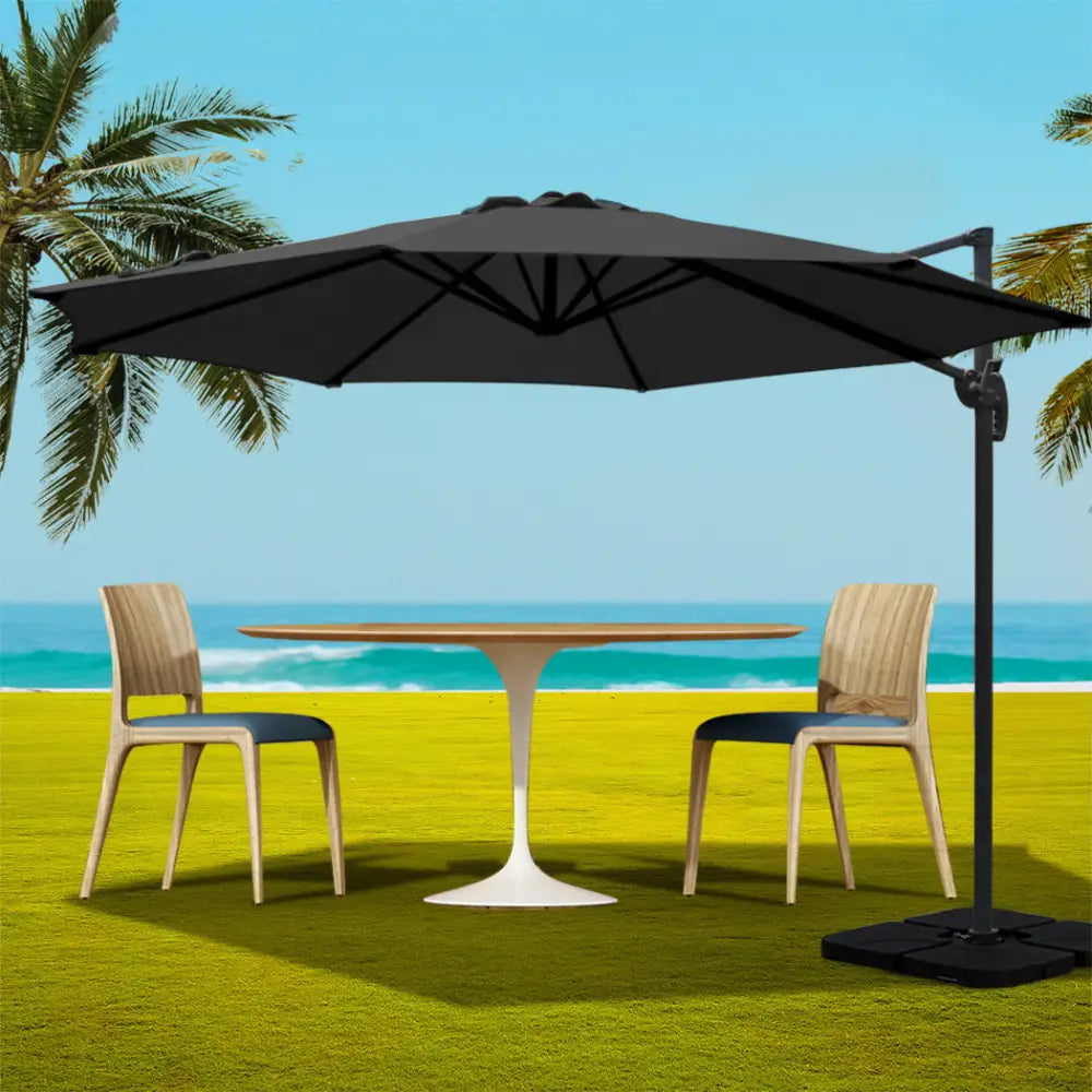 Instahut 3m Outdoor Umbrella w/Base Cantilever Beach Roma 360 Degree Tilt Black - Home & Garden > Shading > Umbrellas &