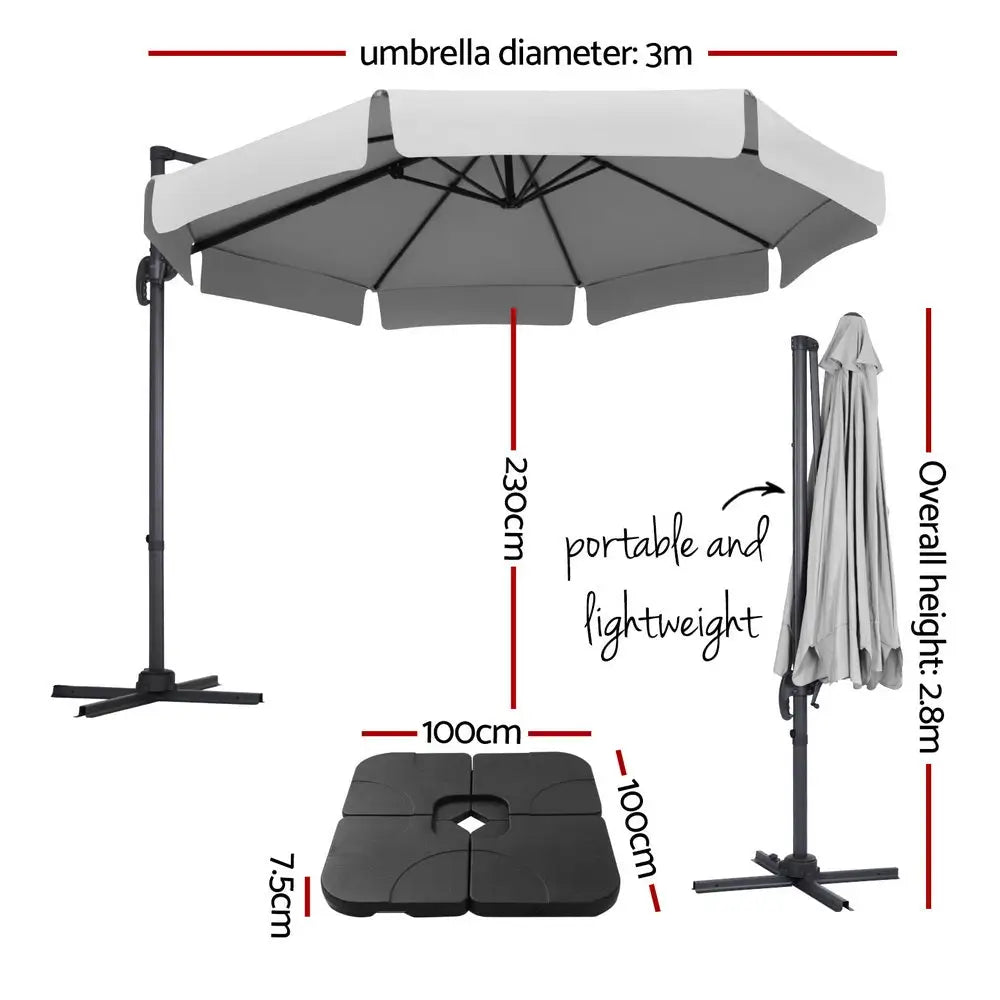Instahut 3m Outdoor Umbrella w/Base Cantilever Beach Roma 360 Degree Tilt Grey - Home & Garden > Shading > Umbrellas &