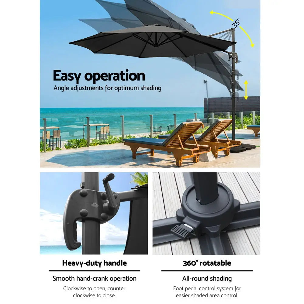Instahut 3m Outdoor Umbrella w/Base Cantilever Beach Roma 360 Degree Tilt Black - Home & Garden > Shading > Umbrellas &