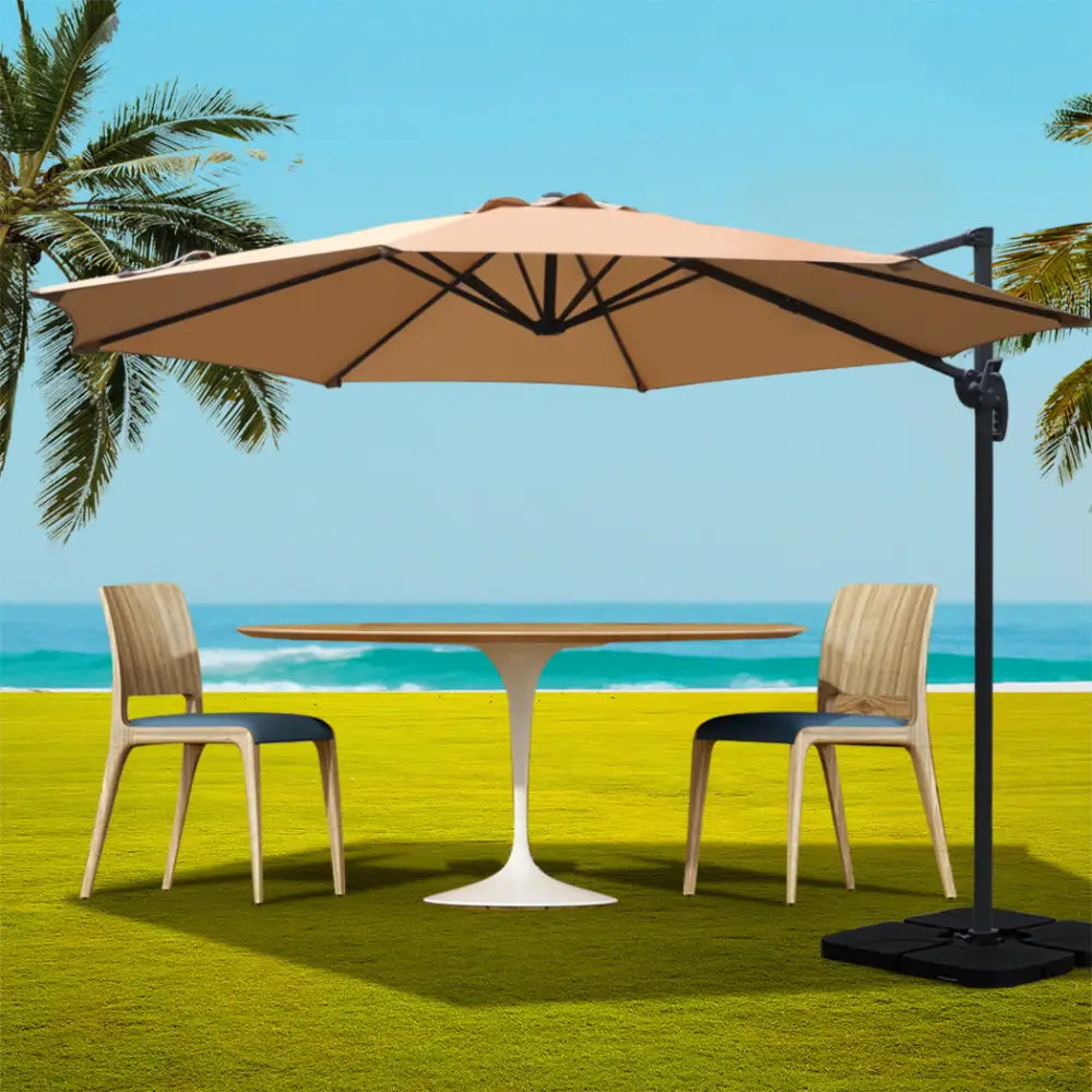 Instahut 3m Outdoor Umbrella w/Base Cantilever Beach Roma 360 Degree Tilt Beige - Home & Garden > Shading > Umbrellas &