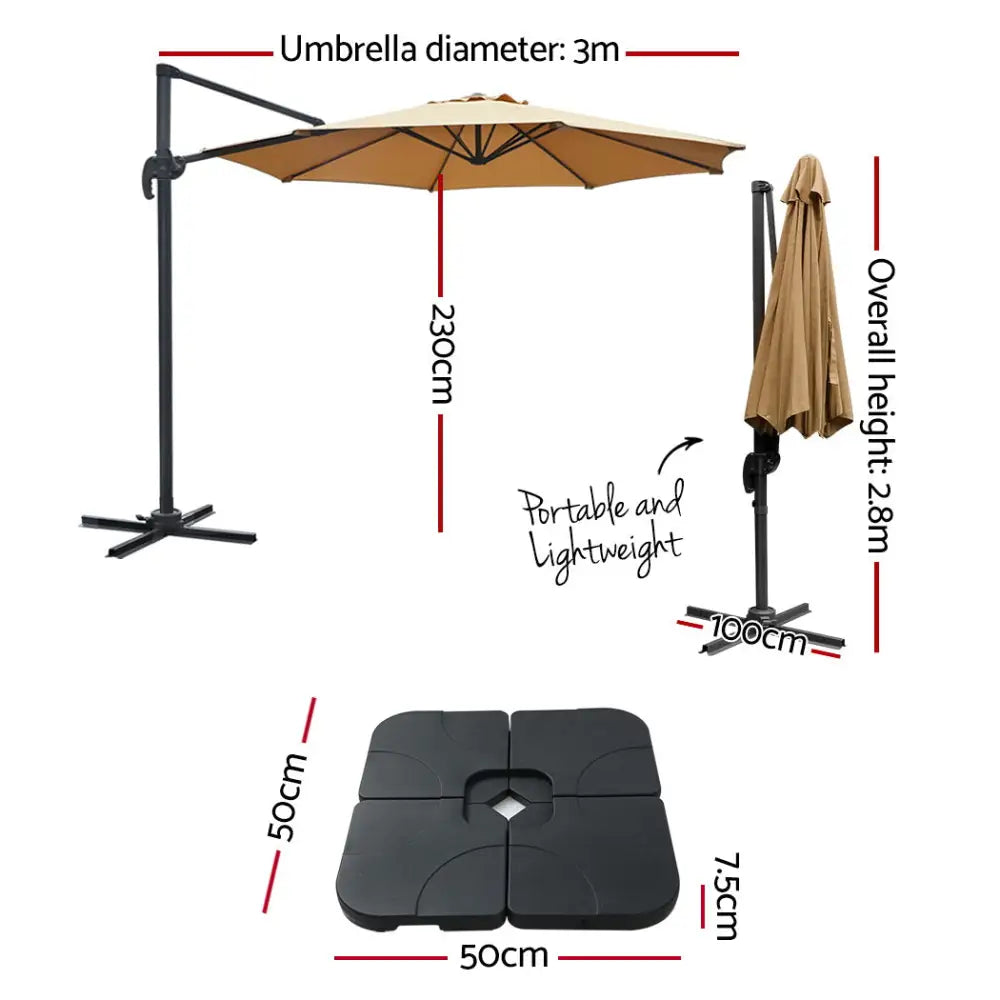 Instahut 3m Outdoor Umbrella w/Base Cantilever Beach Roma 360 Degree Tilt Beige - Home & Garden > Shading > Umbrellas &