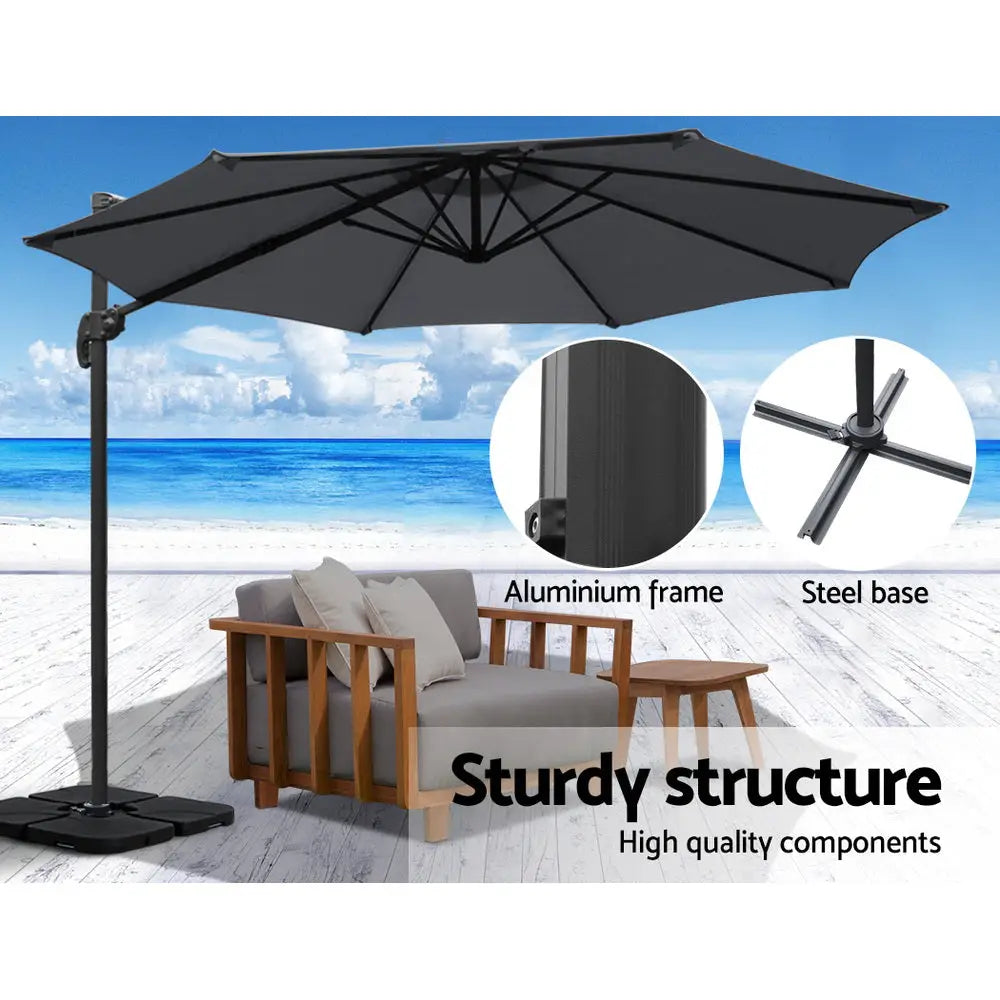 Instahut 3m Outdoor Umbrella w/Base Cantilever Beach Roma 360 Degree Tilt Charcoal - Home & Garden > Shading >