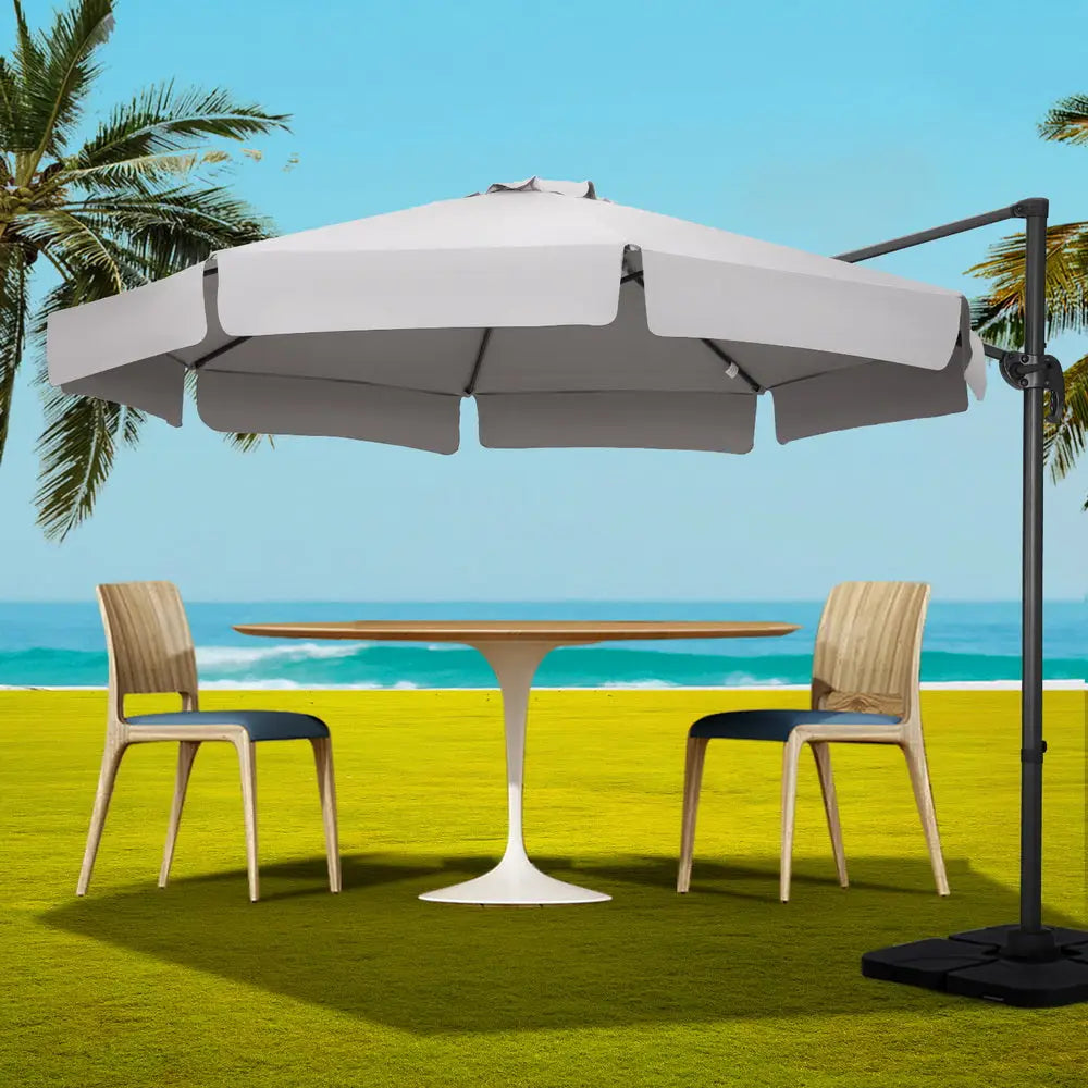 Instahut 3m Outdoor Umbrella w/Base Cantilever Beach Roma 360 Degree Tilt Grey - Home & Garden > Shading > Umbrellas &