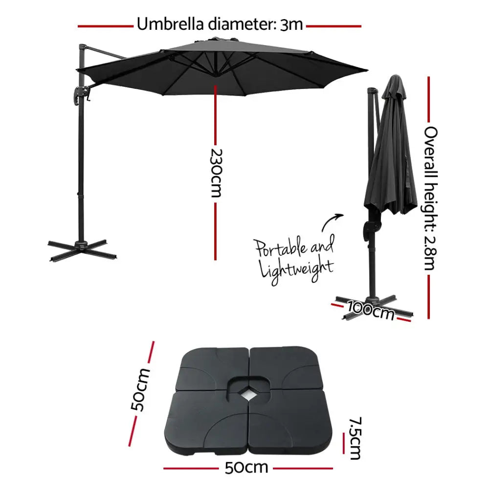 Instahut 3m Outdoor Umbrella w/Base Cantilever Beach Roma 360 Degree Tilt Black - Home & Garden > Shading > Umbrellas &