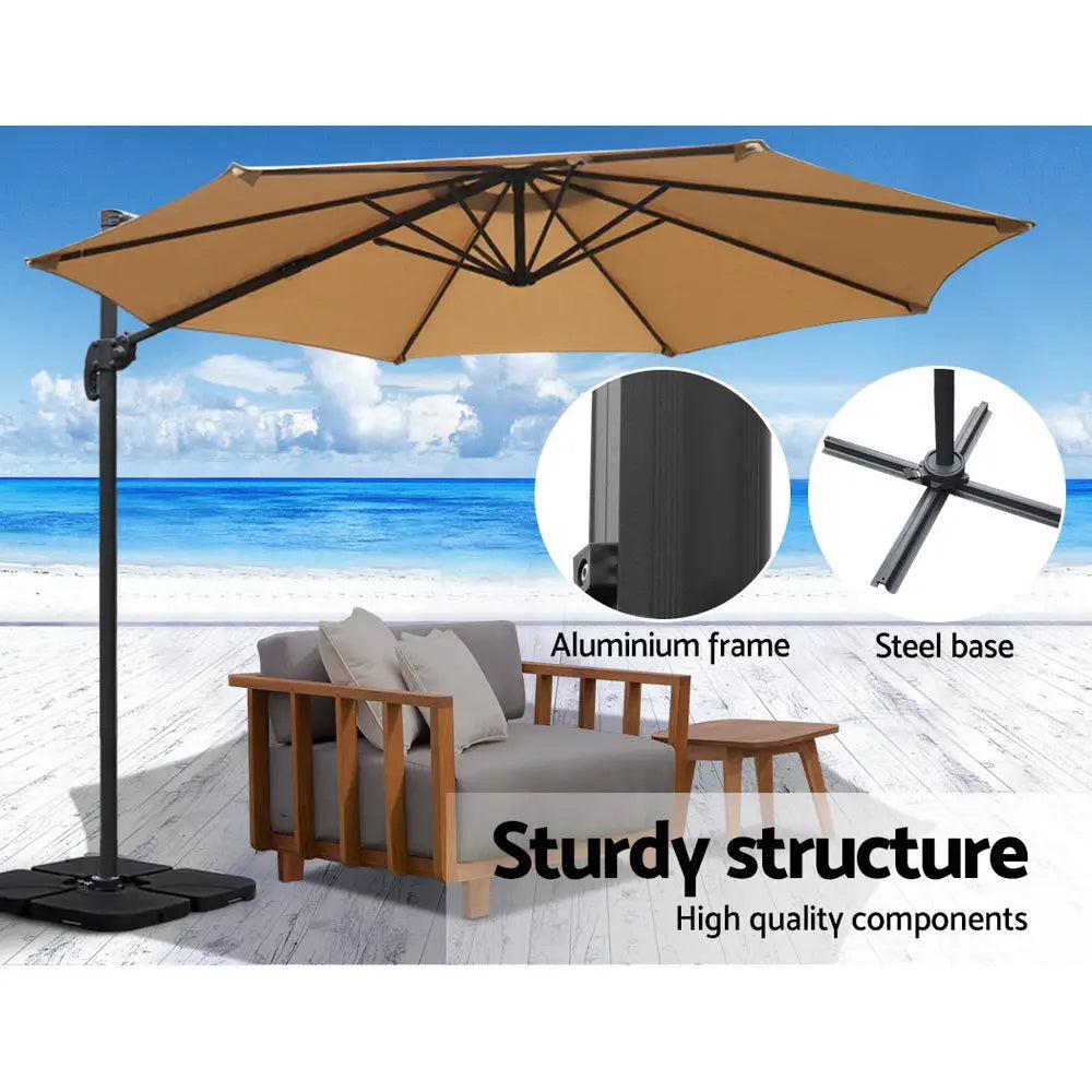 Instahut 3m Outdoor Umbrella w/Base Cantilever Beach Roma 360 Degree Tilt Beige - Home & Garden > Shading > Umbrellas &