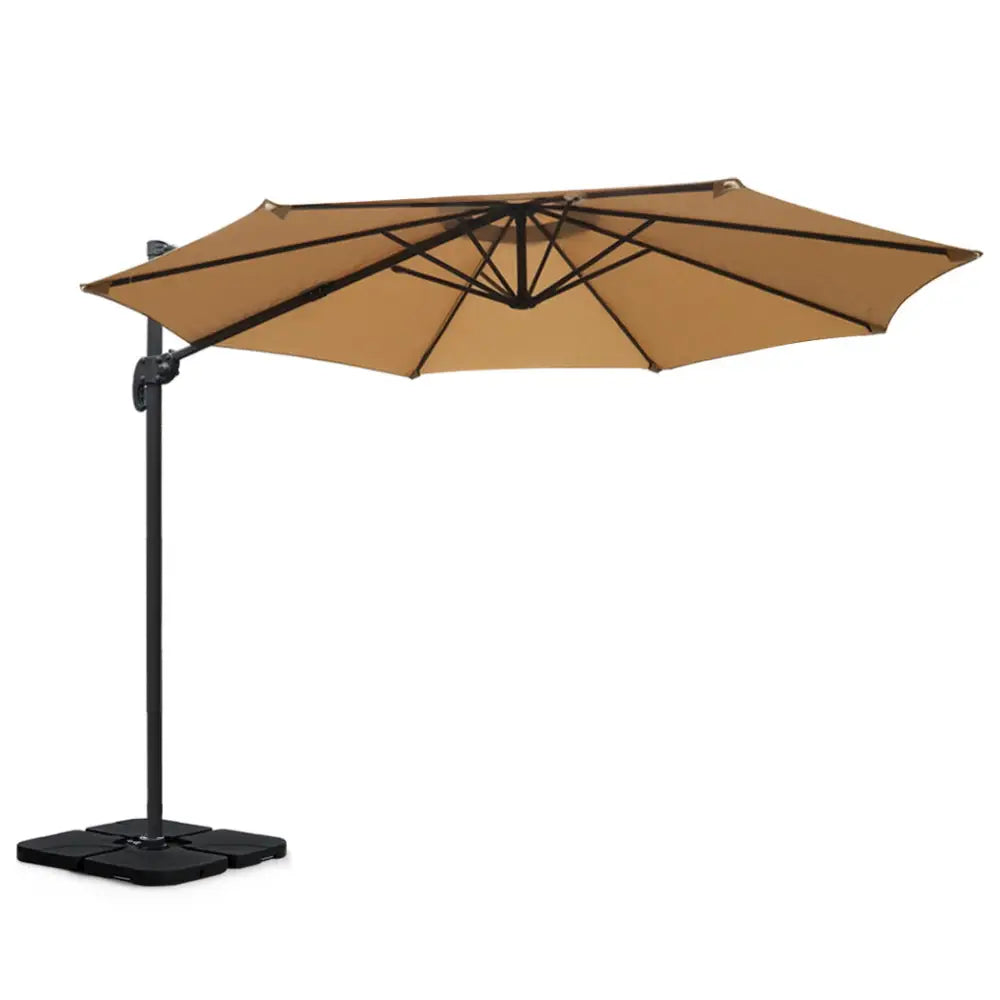 Instahut 3m Outdoor Umbrella w/Base Cantilever Beach Roma 360 Degree Tilt Beige - Home & Garden > Shading > Umbrellas &