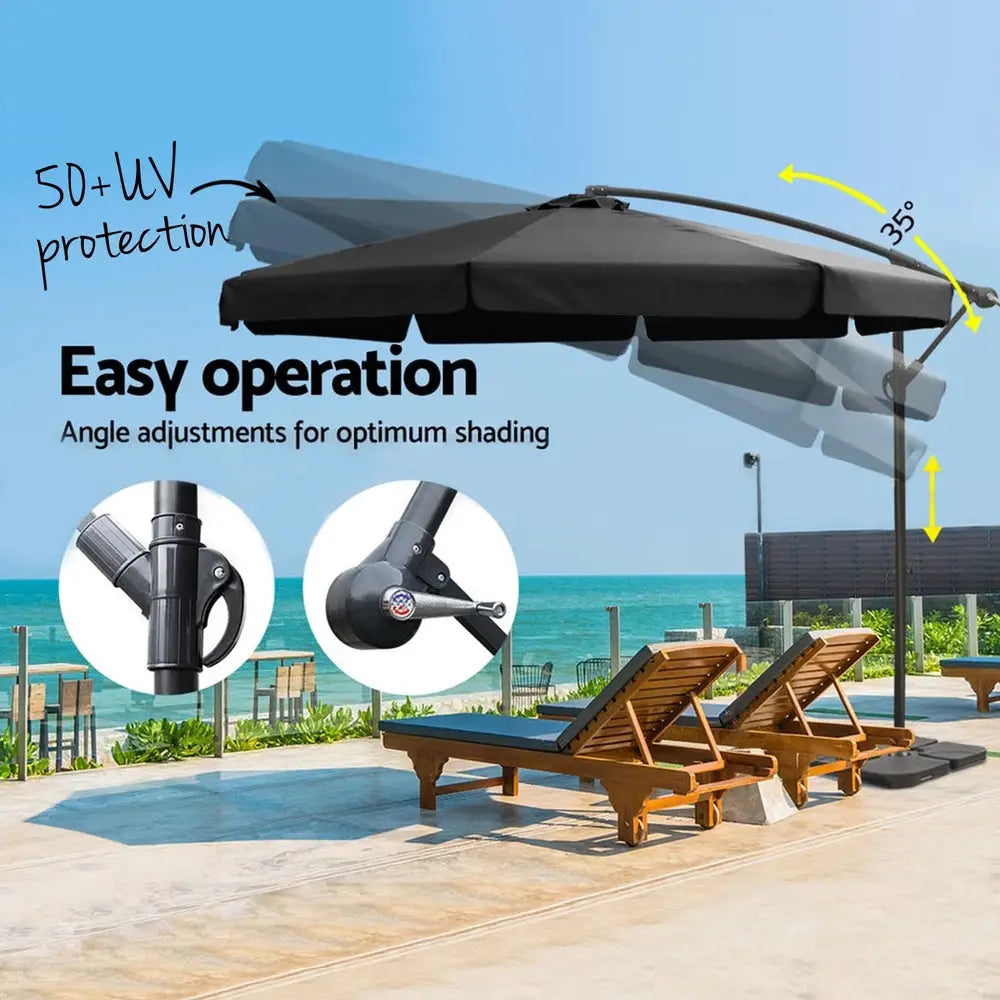 Instahut 3m Outdoor Umbrella w/Base Cantilever Garden Beach Patio Black - Home & Garden > Shading > Umbrellas &
