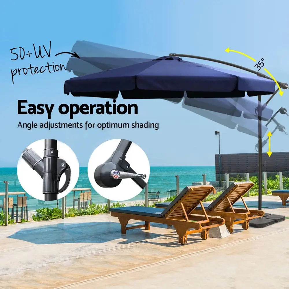 Instahut 3m Outdoor Umbrella w/Base Cantilever Garden Beach Patio Navy - Home & Garden > Shading > Umbrellas & Sunshades