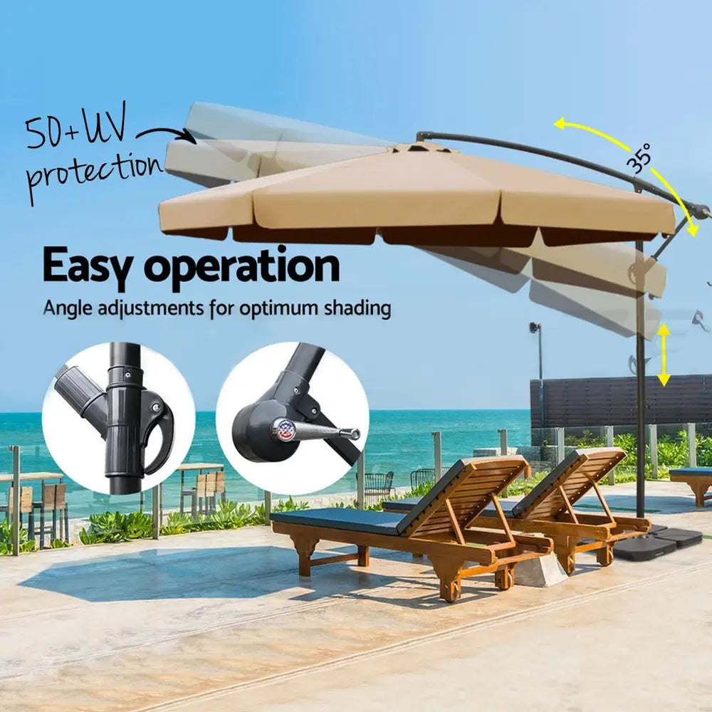 Instahut 3m Outdoor Umbrella w/Base Cantilever Garden Beach Patio Beige - Home & Garden > Shading > Umbrellas &