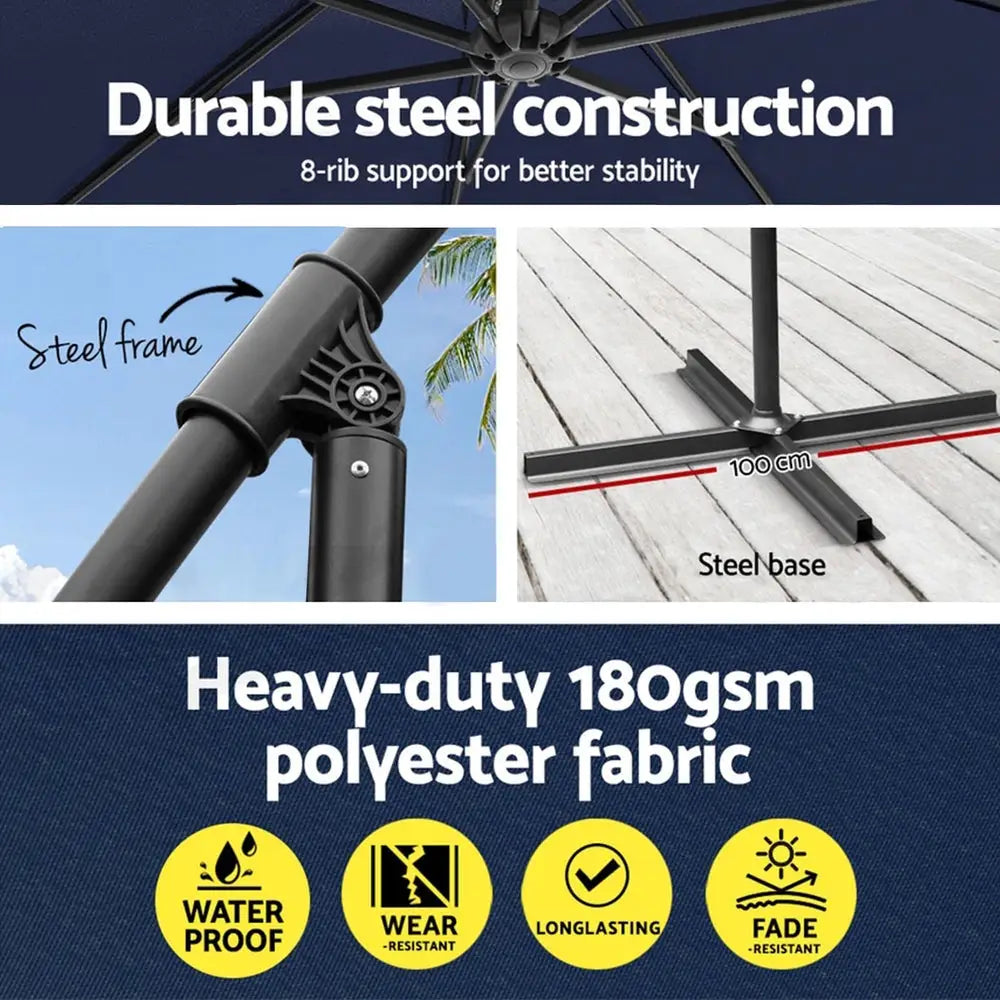 Instahut 3m Outdoor Umbrella w/Base Cantilever Garden Beach Patio Navy - Home & Garden > Shading > Umbrellas & Sunshades