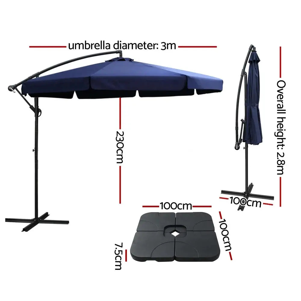 Instahut 3m Outdoor Umbrella w/Base Cantilever Garden Beach Patio Navy - Home & Garden > Shading > Umbrellas & Sunshades