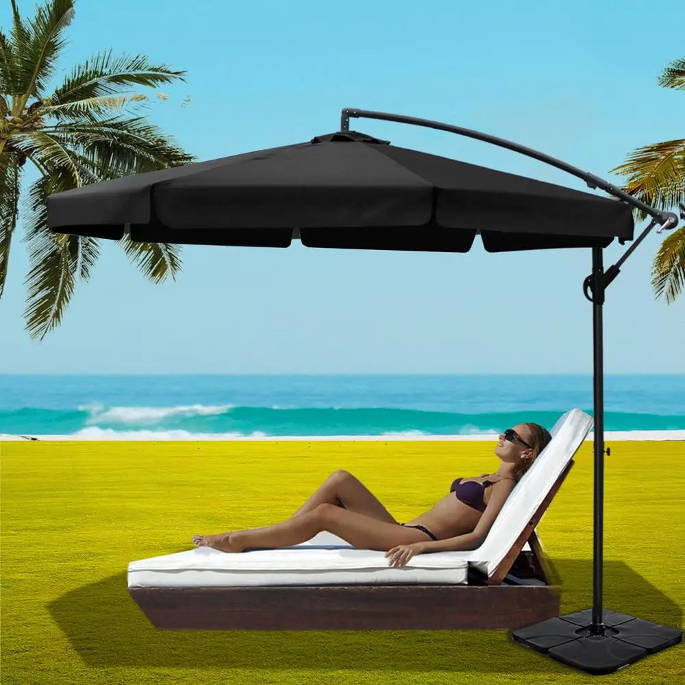 Instahut 3m Outdoor Umbrella w/Base Cantilever Garden Beach Patio Black - Home & Garden > Shading > Umbrellas &