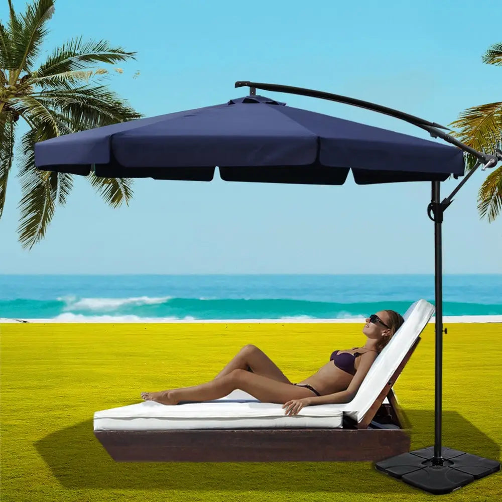 Instahut 3m Outdoor Umbrella w/Base Cantilever Garden Beach Patio Navy - Home & Garden > Shading > Umbrellas & Sunshades