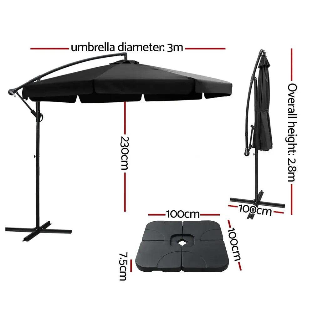 Instahut 3m Outdoor Umbrella w/Base Cantilever Garden Beach Patio Black - Home & Garden > Shading > Umbrellas &